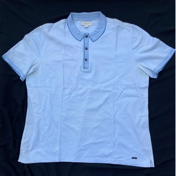 Burberry Men Short Sleeve Light Blue Cotton Pique Polo w/ Stain at Armpit
